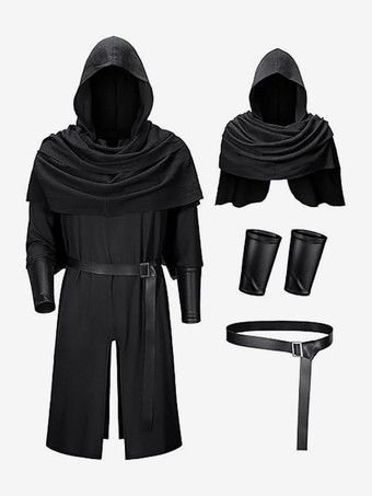 ブラック 茶色の修道士ローブ、男性用中世風修道士・司祭チュニック、フード付きフード、ルネッサンスLARPコスチューム、ベルト付き
