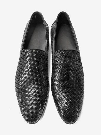 Mocassins noirs pour hommes bout rond en cuir de vachette chaussures habillées à enfiler