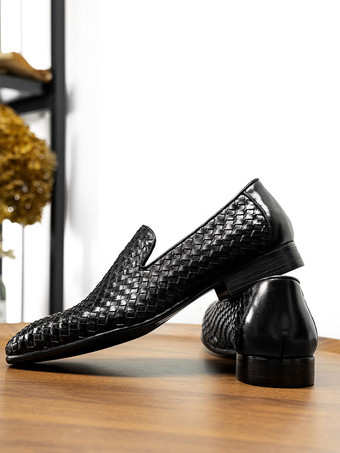Mocassins noirs pour hommes bout rond en cuir de vachette chaussures habillées à enfiler