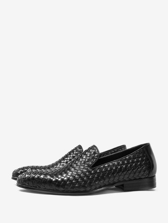 noir Mocassins noirs pour hommes bout rond en cuir de vachette chaussures habillées à enfiler
