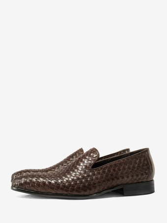 MarronMocassins noirs pour hommes bout rond en cuir de vachette chaussures habillées à enfiler