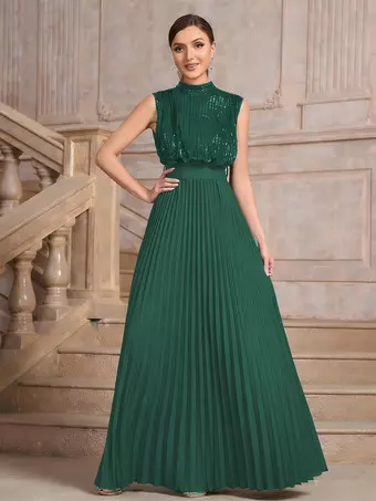 sequin pleated maxi dress Black Elegant Sequin Satin Pleated Long Maxi Dress