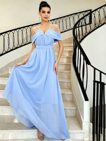 Party Dresses Off Shoulder Spaghetti Strap Chiffon Flowy Maxi Bridesmaid  Dress