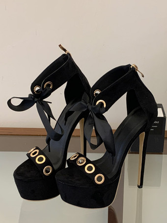 Sandales noires à talons hauts pour femmes bout ouvert découpes lacets