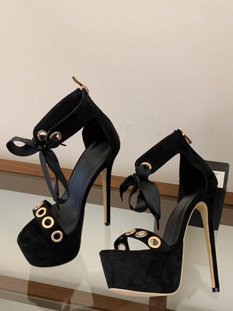 Sandales noires à talons hauts pour femmes bout ouvert découpes lacets