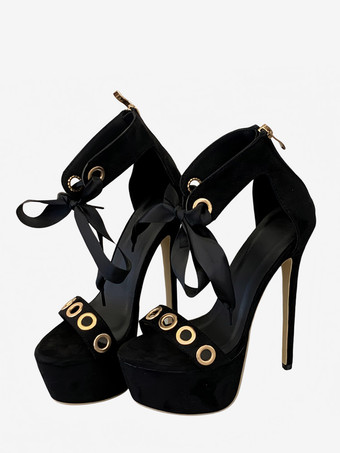 Sandales noires à talons hauts pour femmes bout ouvert découpes lacets