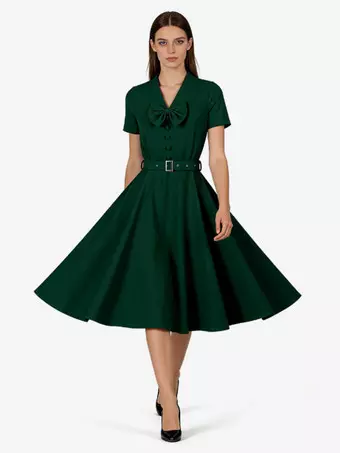 Vintage Dresses 1950s Vintage Swing Dress Bow Tie Collar Short Sleeve Tea Party  Dress - Milanoo.com