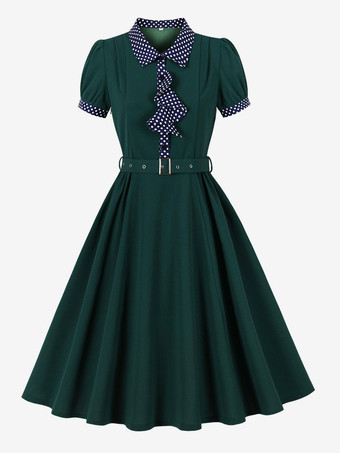 Robe vintage pour femme style années 1950 robe trapèze à pois col et nœud papillon robe midi idéale pour un tea party.