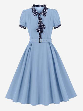 Robe vintage pour femme style années 1950 robe trapèze à pois col et nœud papillon robe midi idéale pour un tea party.