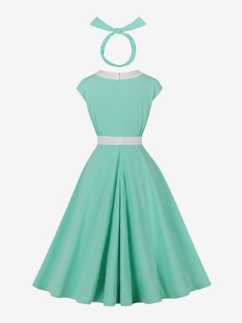 Vintage Swing Dress Women's 1950s Contrast Trim Bow Neck Tea Party Dress