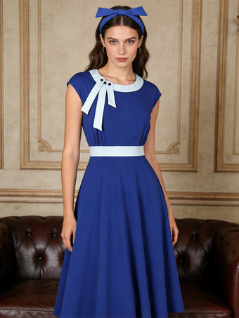 Blue Vintage Swing Dress Women's 1950s Contrast Trim Bow Neck Tea Party Dress