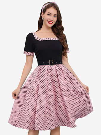 ローズレッドヴィンテージ スイングドレス 1950年代 コントラスト ポルカドット ドレス スクエアネック ティーパーティードレス