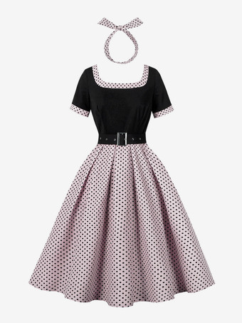 ヴィンテージ スイングドレス 1950年代 コントラスト ポルカドット ドレス スクエアネック ティーパーティードレス