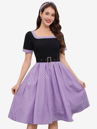 パープル ヴィンテージ スイングドレス 1950年代 コントラスト ポルカドット ドレス スクエアネック ティーパーティードレス