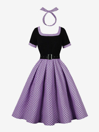 ヴィンテージ スイングドレス 1950年代 コントラスト ポルカドット ドレス スクエアネック ティーパーティードレス