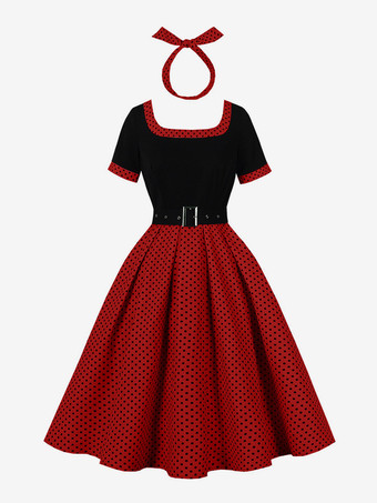 レッド ヴィンテージ スイングドレス 1950年代 コントラスト ポルカドット ドレス スクエアネック ティーパーティードレス