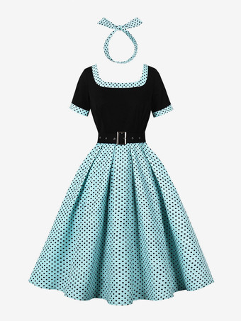 ヴィンテージ スイングドレス 1950年代 コントラスト ポルカドット ドレス スクエアネック ティーパーティードレス