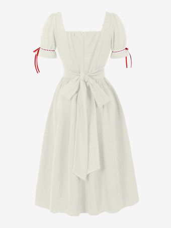 Robe vintage pour femme manches bouffantes coupe midi col carré nœud sur le devant évasée.