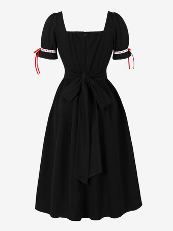 Robe vintage pour femme manches bouffantes coupe midi col carré nœud sur le devant évasée.