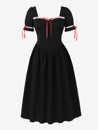 Robe vintage pour femme manches bouffantes coupe midi col carré nœud sur le devant évasée.