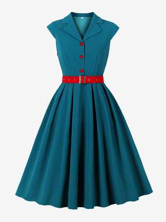 Robe trapèze vintage années 1950 pour femme sans manches à col idéale pour un tea party.