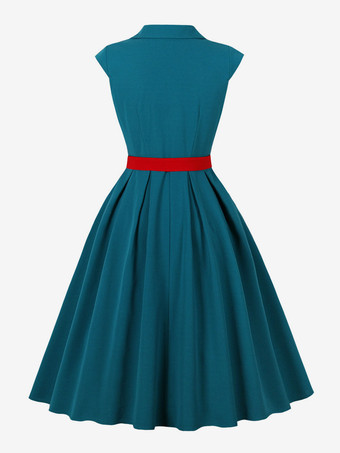 Robe trapèze vintage années 1950 pour femme sans manches à col idéale pour un tea party.