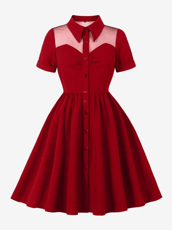 レディース 1950年代 ヴィンテージ スイングドレス メッシュ コントラストカラー ボタンフロント ミディドレス