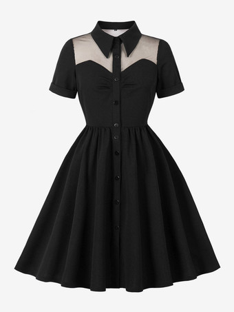 レディース 1950年代 ヴィンテージ スイングドレス メッシュ コントラストカラー ボタンフロント ミディドレス