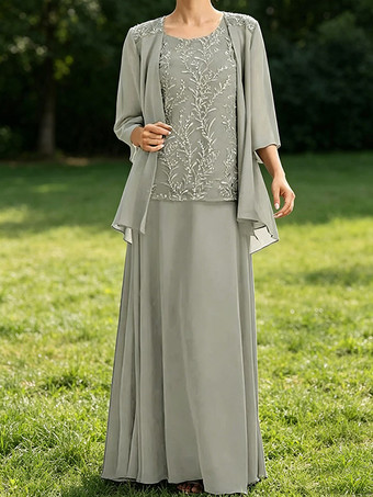 Gris clair Robe de mère de la mariée col bijou manches 3/4 dentelle robe d'invitée pour un mariage