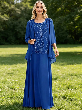 Royal BleuRobe de mère de la mariée col bijou manches 3/4 dentelle robe d'invitée pour un mariage