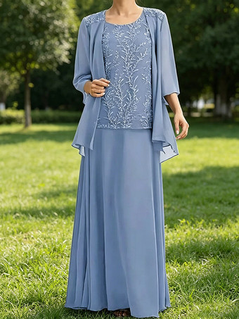 Bleu Ciel ClairRobe de mère de la mariée col bijou manches 3/4 dentelle robe d'invitée pour un mariage