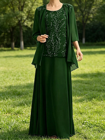 Vert foncéRobe de mère de la mariée col bijou manches 3/4 dentelle robe d'invitée pour un mariage