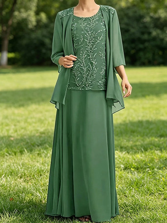 Vert CendréRobe de mère de la mariée col bijou manches 3/4 dentelle robe d'invitée pour un mariage
