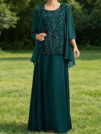 Vert bleuRobe de mère de la mariée col bijou manches 3/4 dentelle robe d'invitée pour un mariage