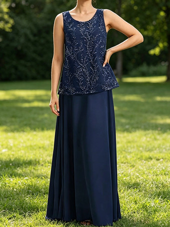 Bleu MarineRobe de mère de la mariée col bijou manches 3/4 dentelle robe d'invitée pour un mariage
