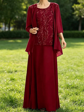 Bordeaux Robe de mère de la mariée col bijou manches 3/4 dentelle robe d'invitée pour un mariage