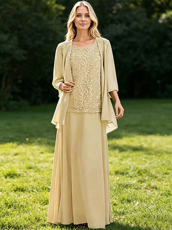 Champagne Robe de mère de la mariée col bijou manches 3/4 dentelle robe d'invitée pour un mariage