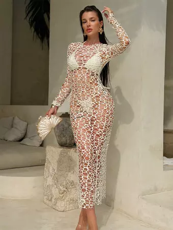 white fishnet mesh dress Anna White Rhinestone Mesh Mini Dress - S Size - Women's Dresses