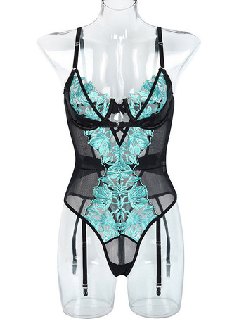 Body en dentelle florale turquoise Teddy avec jarretière armatures et découpes en résille pour femme