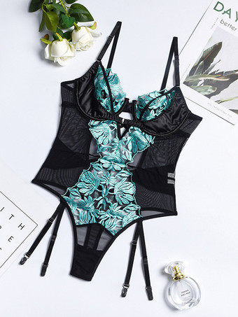 Body en dentelle florale turquoise Teddy avec jarretière armatures et découpes en résille pour femme