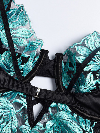 Body en dentelle florale turquoise Teddy avec jarretière armatures et découpes en résille pour femme