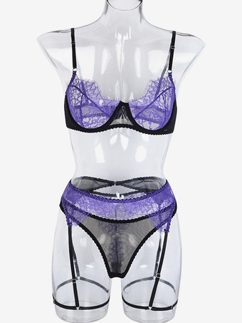 Ensembles de lingerie violets et noirs en dentelle contrastée soutien-gorge à armatures et porte-jarretelles
