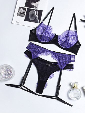 Ensembles de lingerie violets et noirs en dentelle contrastée soutien-gorge à armatures et porte-jarretelles