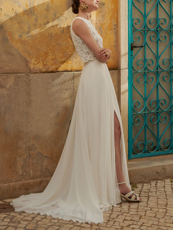 Two-piece wedding dress Boho wedding dress Chiffon Jewel Neck Two-piece With Train Backless Sleeveless