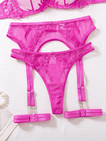 Ensemble de lingerie 3 pièces en dentelle florale rose vif avec porte-jarretelles