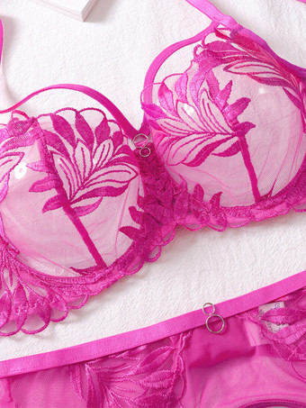 Ensemble de lingerie 3 pièces en dentelle florale rose vif avec porte-jarretelles