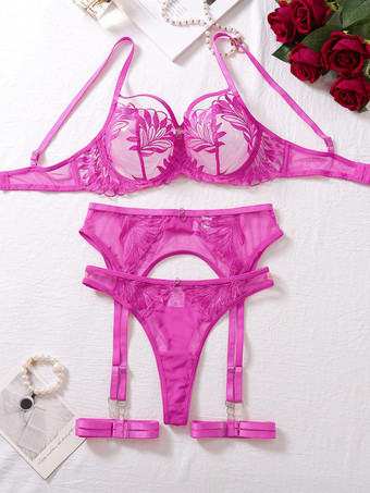 Ensemble de lingerie 3 pièces en dentelle florale rose vif avec porte-jarretelles