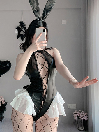 クロスメッシュフェイクレザーバニーコスプレボディスーツ