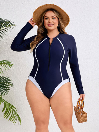 Maillot de bain une pièce à manches longues et fermeture éclair sur le devant coupe cintrée avec lignes contrastées