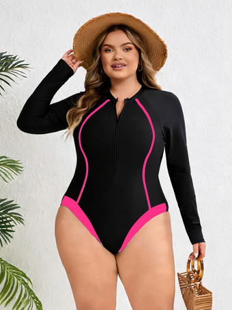 Rouge noirMaillot de bain une pièce à manches longues et fermeture éclair sur le devant coupe cintrée avec lignes contrastées